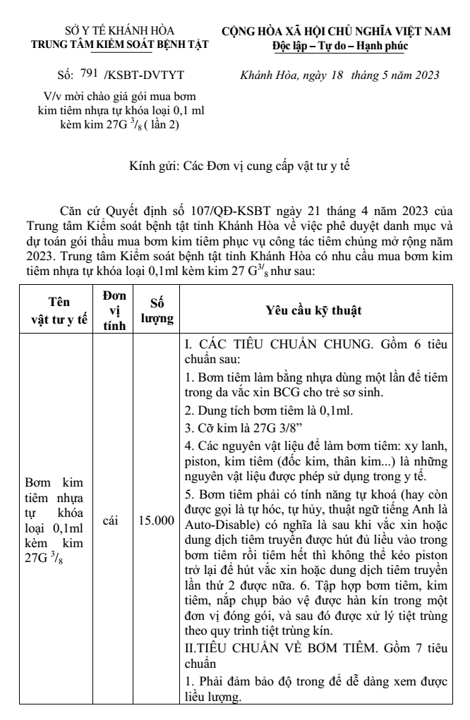 Mời chào giá gói mua bơm kim tiêm nhựa tự khóa loại 0,1 ml kèm kim 27G 3 /8 ( lần 2)